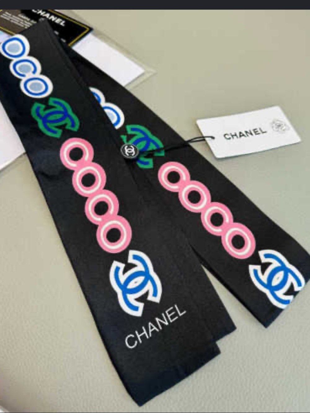 ChaneI Spell Out Black Colorful Letter Logo Twilly Scarf